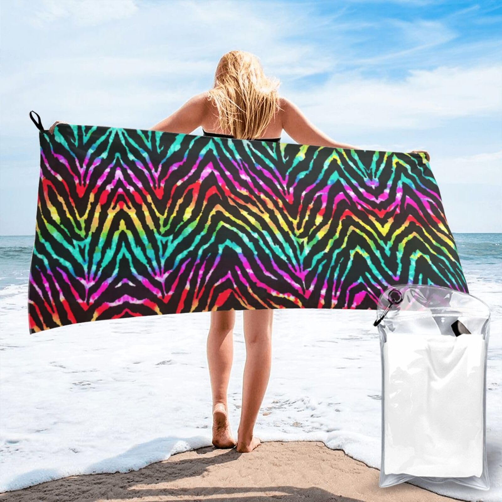 WYCZHY Colorful Rainbow Zebra Print Beach Towel Soft Quick Dry For Spa Pool Gym Vacation Travelers Women Men Adults Sauna Gift