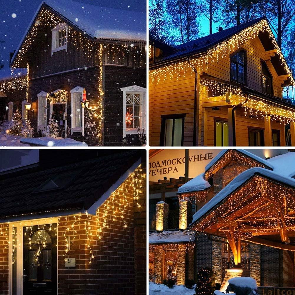 Toodour Christmas Icicle Lights Outdoor, 1224 LED 100ft 8 Modes Fairy Icicle String Light with 204 Drops, Led Christmas Lights Twinkle for Holiday, Party, Wedding, Eaves, Xmas Decorations (Warm White)