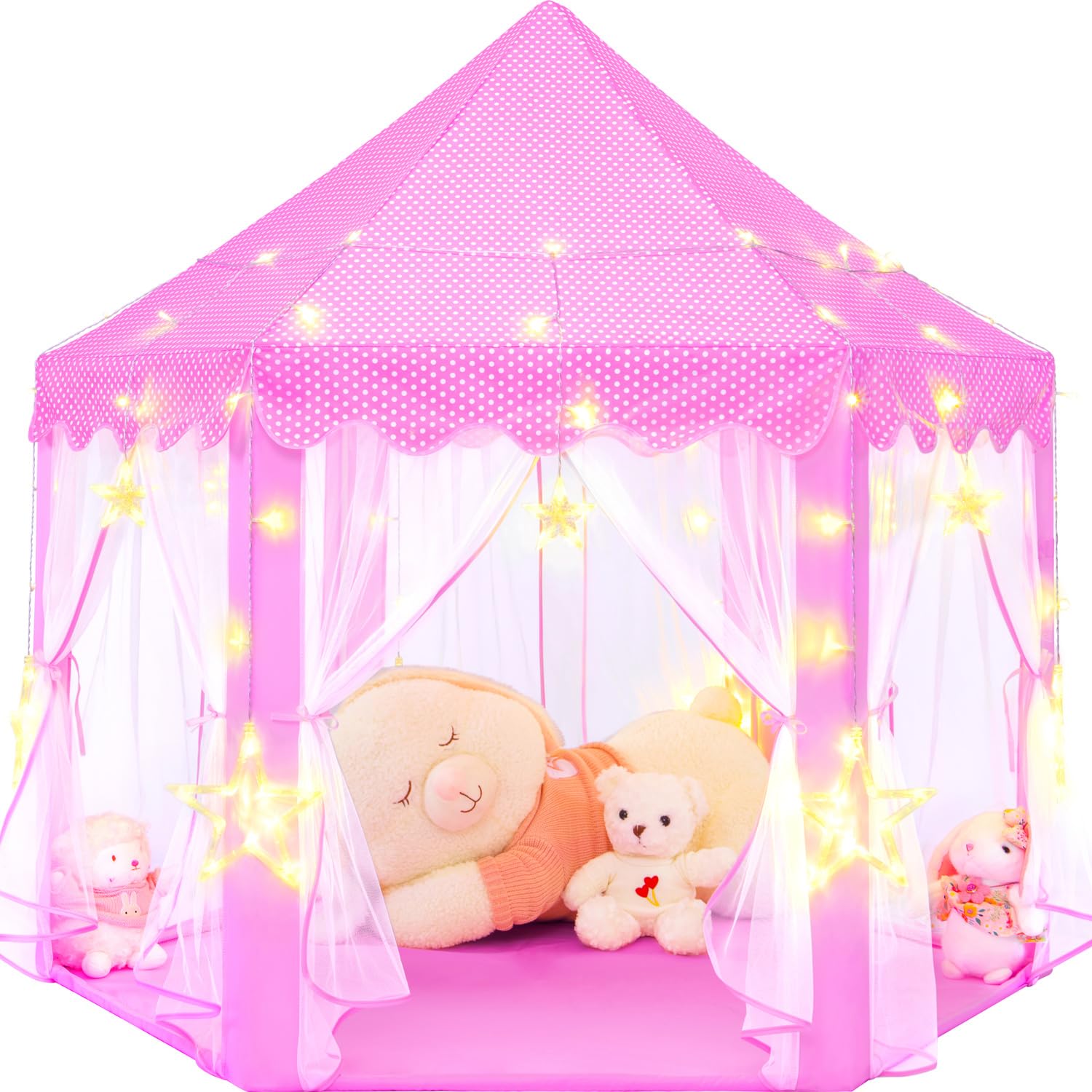 Pink Princess Tent for Girls, Kids Play Tent with LED Large Star Lights, Castle Playhouse Tent for Children Indoor Outdoor Games, 55×53 Inches