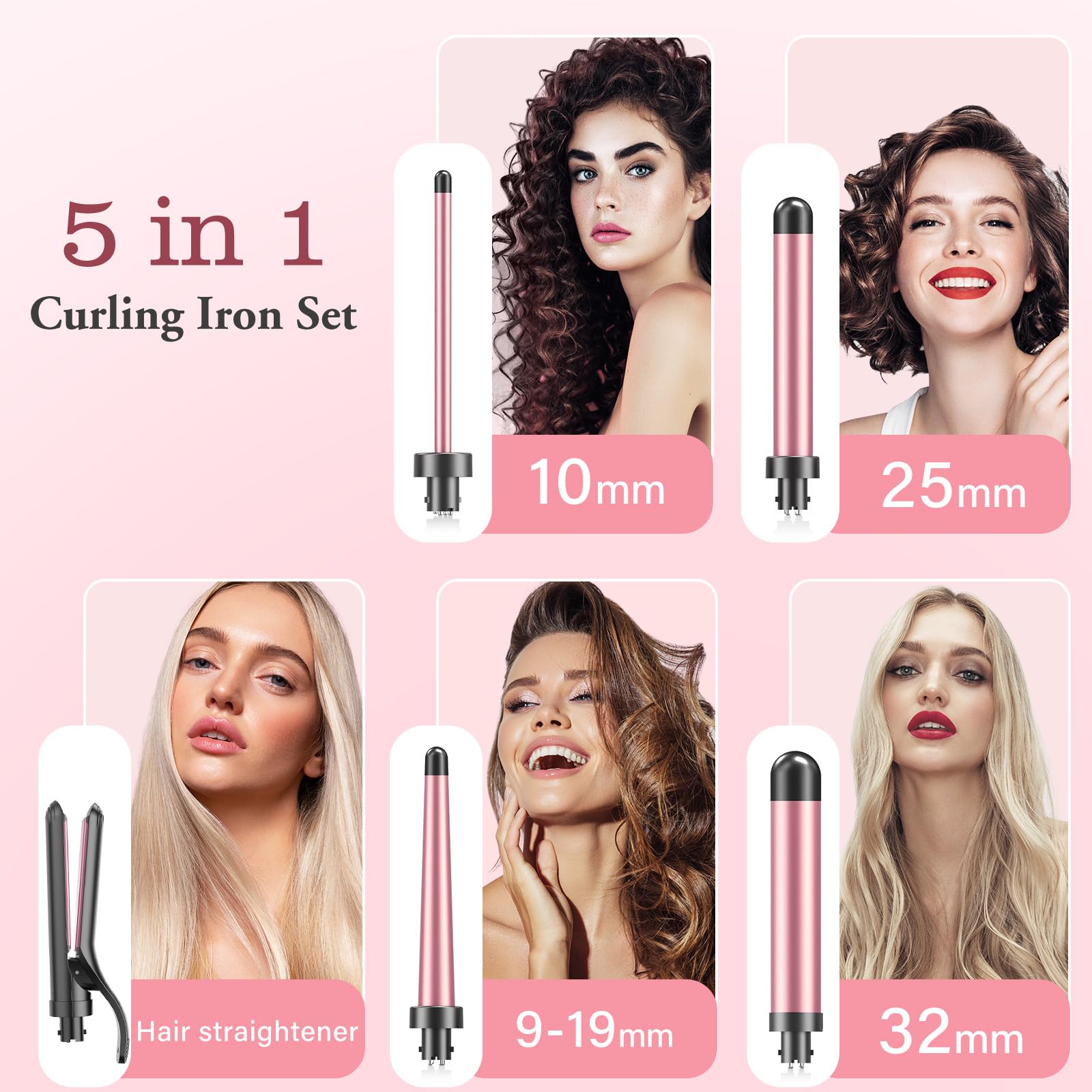 Boucleur à Cheveux 5 en 1 Avec Lisseur - BESTOPE MIX Kit De Bouclage Avec DifféRents Embouts Pour Boucles Fines et éPaisses, DiamèTres De 10 à 32 Mm, Chauffe Rapide, 2 RéGlages De TempéRature