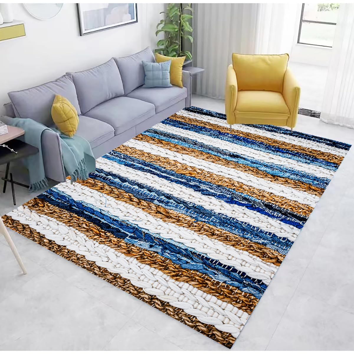Tapis salon bleu blanc brun au design contemporain et finitions soignées
