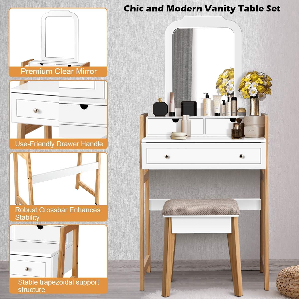 CHARMAID Small Vanity Desk with Mirror, White Makeup Vanity Desk with 3 Drawers, Adjustable Heights, Compact Bedroom Dressing Table with Stool for Small Space