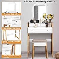 Vista 4 de CHARMAID Escritorio pequeño con espejo, escritorio de maquillaje blanco con 3 cajones, alturas ajustables, tocador compacto para dormitorio