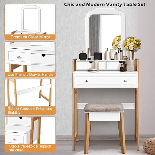 Miniatura 4 de CHARMAID Escritorio pequeño con espejo, escritorio de maquillaje blanco con 3 cajones, alturas ajustables, tocador compacto para dormitorio con