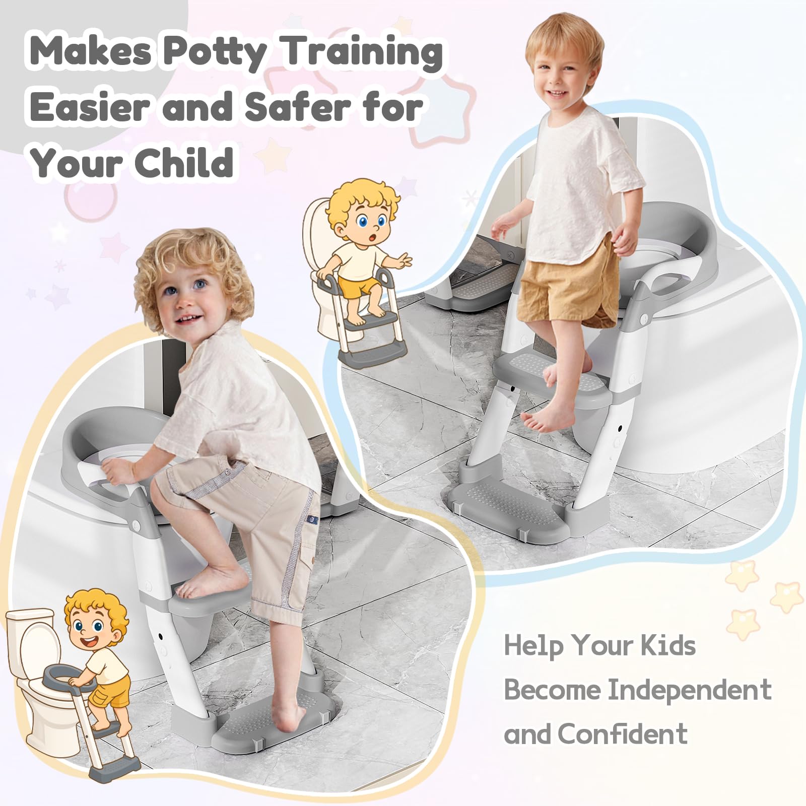 Riduttore WC Bambini con Scaletta, Multifunzione 3 In 1 Scaletta WC Per Water Bambini con Vasino Removibile, Paraspruzzi Estesi Regolabile e Pieghevole Sgabello Antiscivolo, Adattatore per Bambino