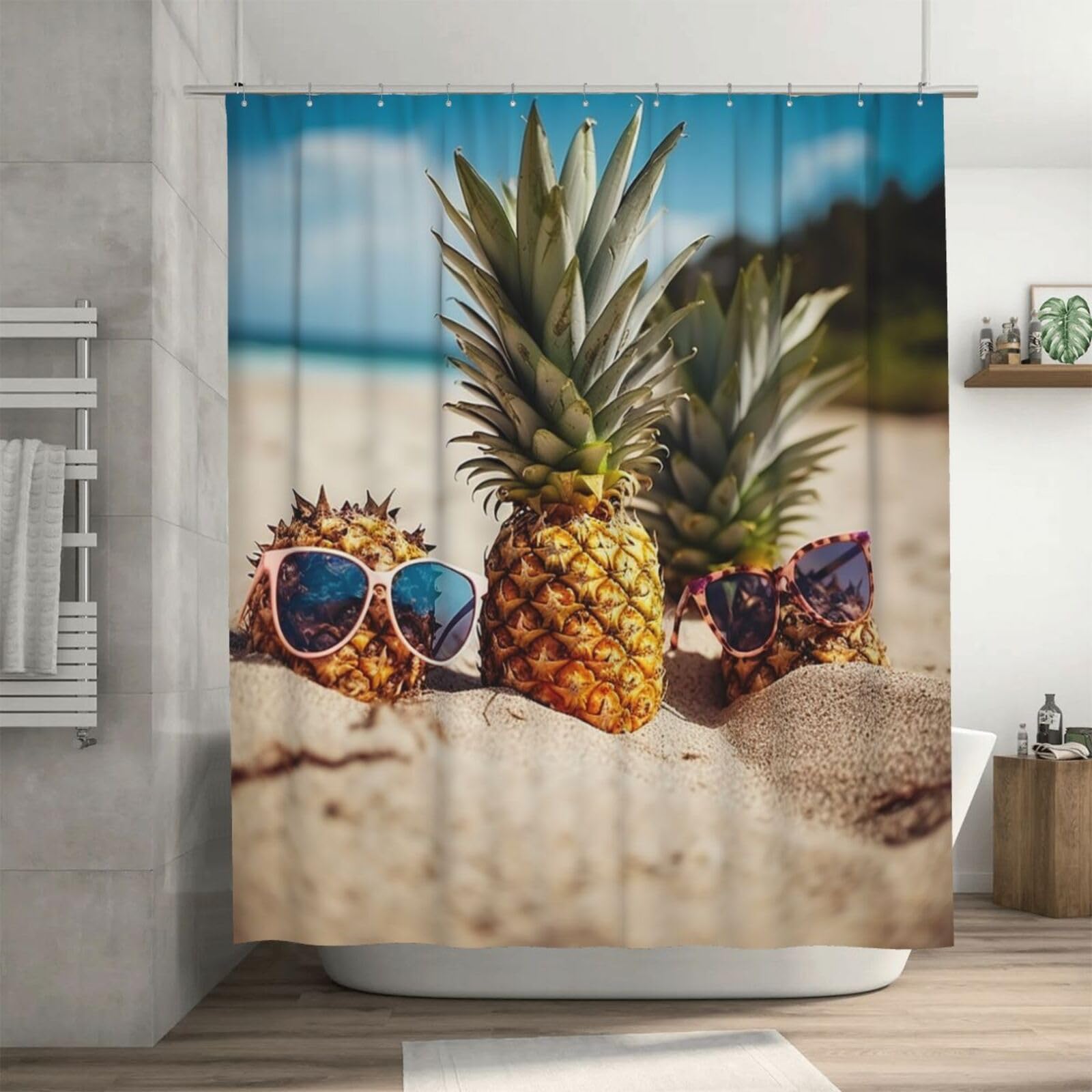 Rideau de douche ananas 182x182 cm imperméable et épais avec 12 crochets