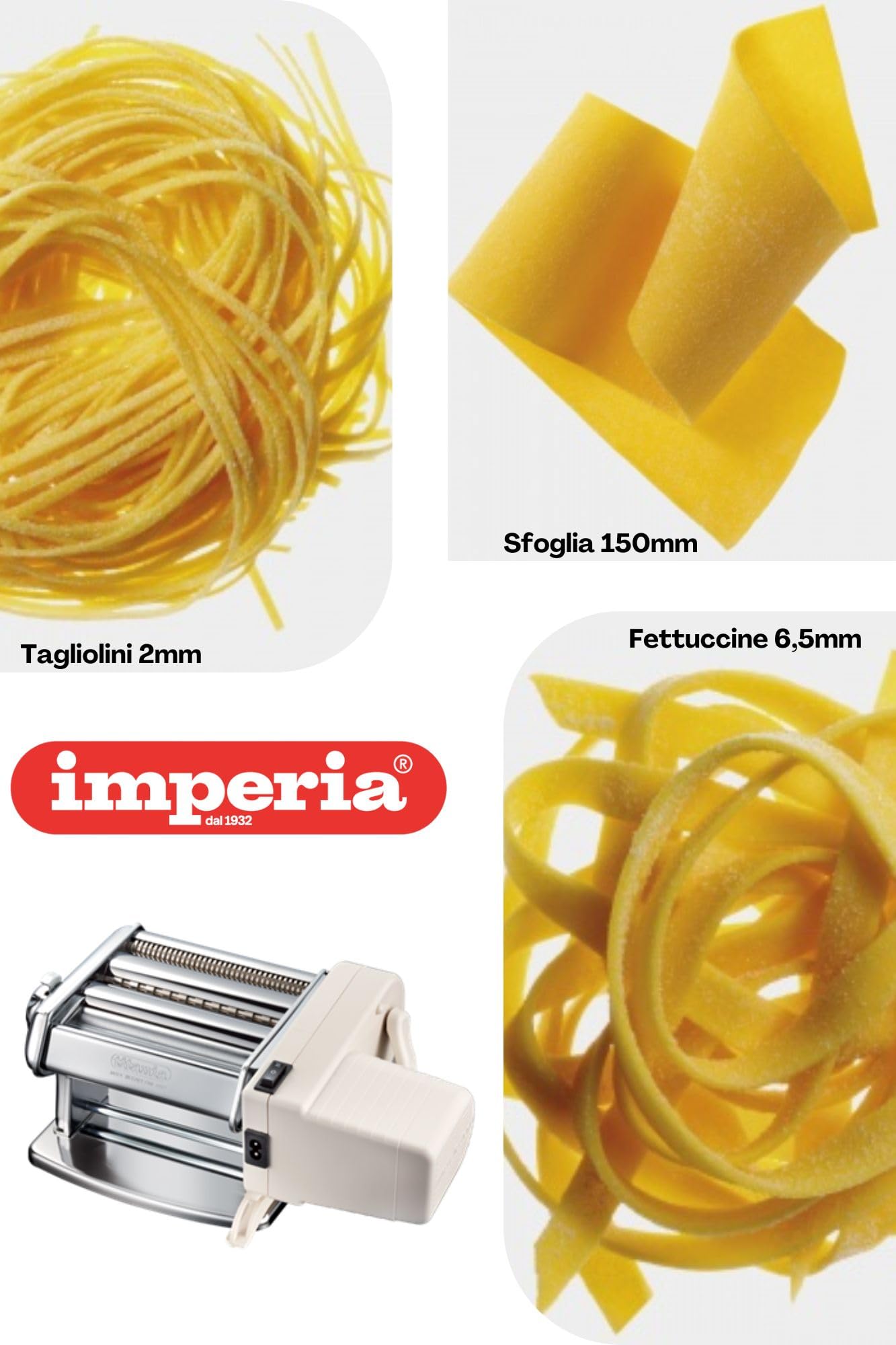 Imperia IPasta Ligne Classique. Machine à pâtes. 100% Fabriqué en Italie. Machine à pâtes fraîches en acier. Laminoir manuel avec manivelle. Crée lasagnes, tagliolini, fettuccine. Crème.
