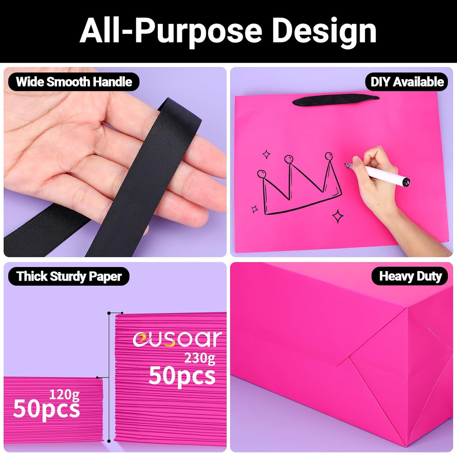 EUSOAR Hot Pink Large Gift Bags, 50pcs 16"x6"x12" Paper Gift Bags with Ribbon Handle, Gift Wrap Treat Thank You Shopping Bags Bulk for Wedding Party Favors Grocery Baby Shower Bridesmaid Birthday