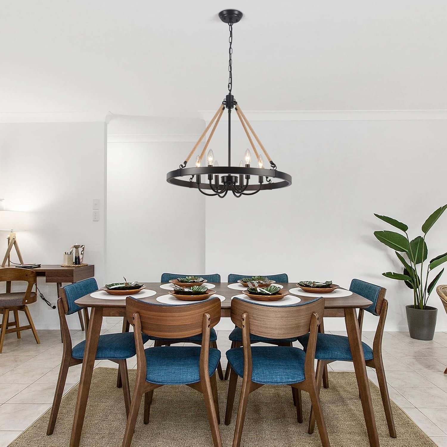 6-Light Black Farmhouse Chandeliers，23.62'' Wagon Wheel Chandelier,Rustic Round Light Fixtures for Dining Room Entryway Foyer Kitchen Living Room Hallway