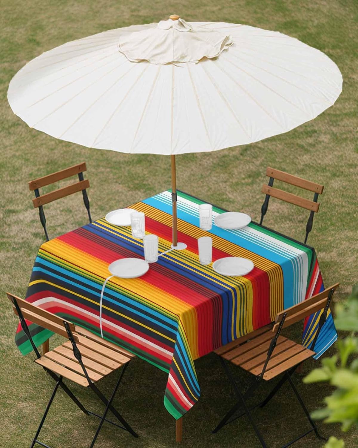 Outdoor Tablecloth with Umbrella Hole and Zipper 54"x54", Colorful Mexican Stripes Red Square Waterproof Table Cloth Table Covers for Dining, Garden, Courtyard, Patio, Camping, Picnic