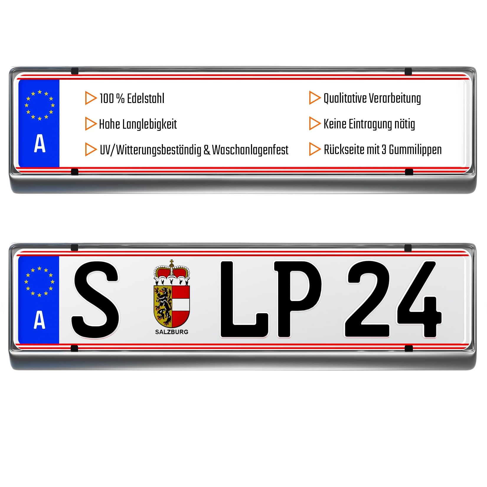 Kennzeichenhalter Österreich Edelstahl Nummernschildhalterung für Kennzeichen 520x120mm auch auch passend für Gebogene Stoßstangen - Wechselkennzeichen - ÖSTERREICH - Bessere Handhabung