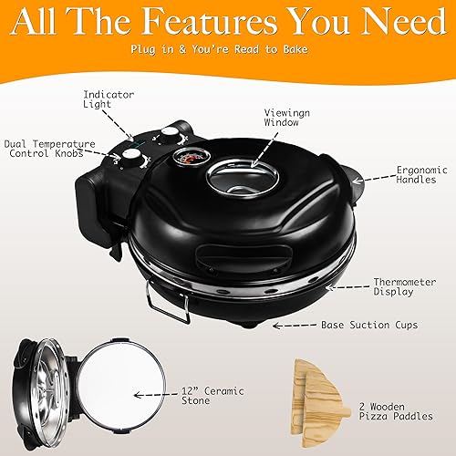 Miniatura 3 de Horno de pizza de corteza crujiente, máquina eléctrica para hacer pizza de 12 pulgadas para el hogar, máquina de encimera de pizza con piedra de