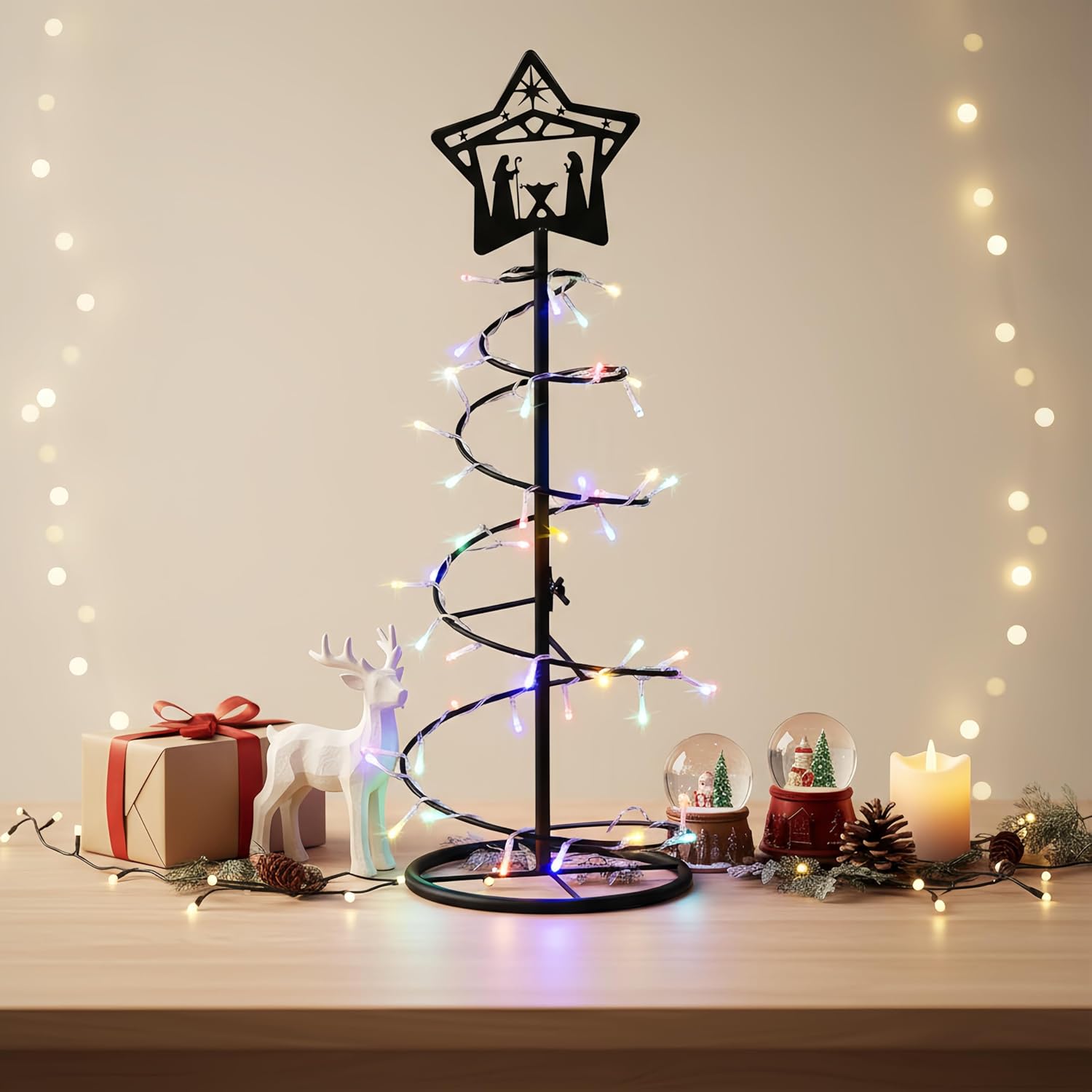 24 Lighted Metal Christmas Tree Spiral Black Christmas Rotating Iron Stand Assemble Detachable and 98 Light Multiple Modes Nativity Jesus' Birthday Theme for Home Church Mall Decor