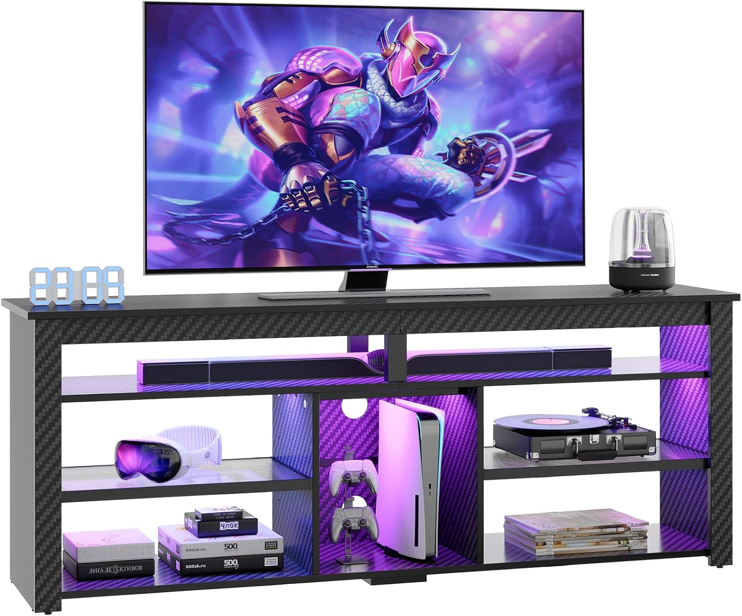 Bestier TV Stand for 70 inch TV, Tall Entertainment Center with 2 Led Lights, Gaming TV Console with Storage for PS5, Modern TV Cabinet for Bedroom, Living Room, Black Carbon Fiber - Image 8