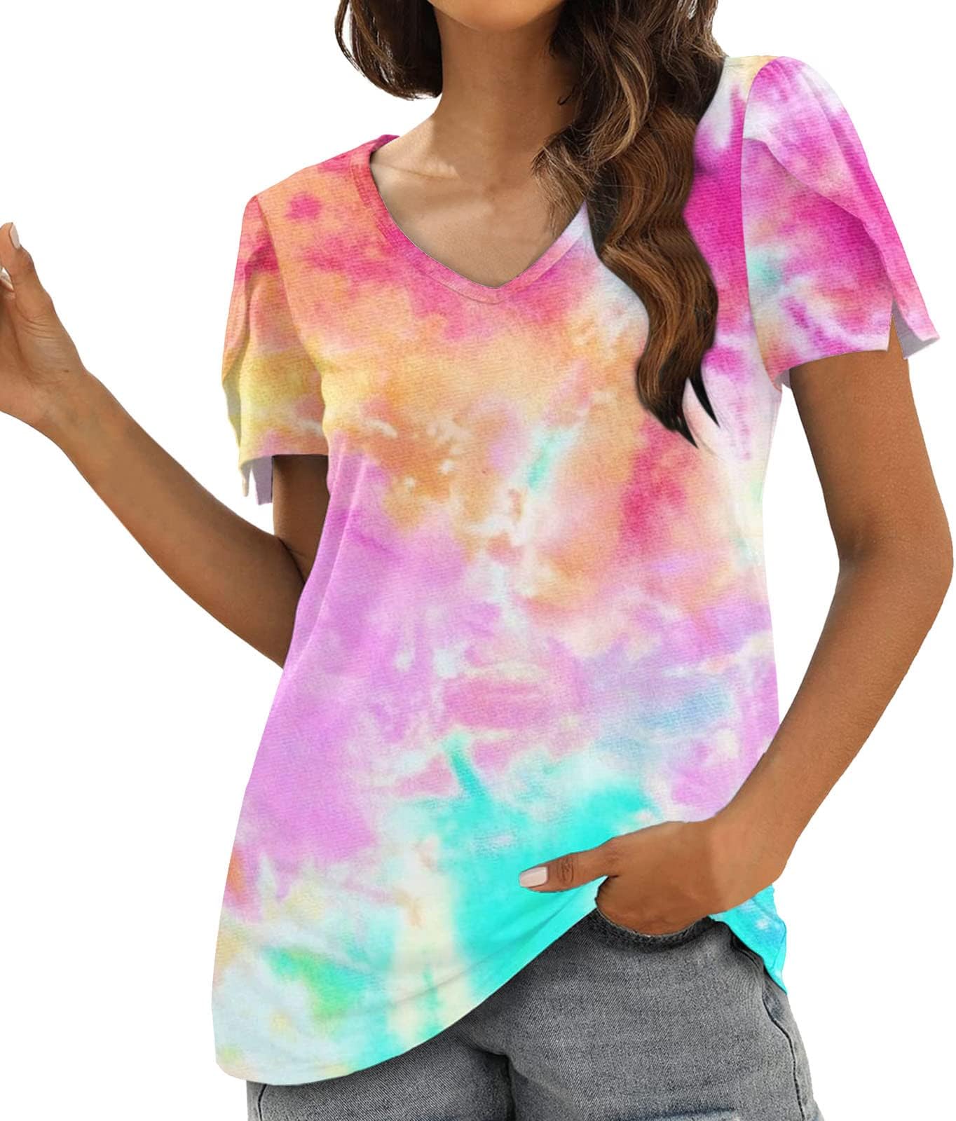 Shirts for Women Women Summer T Shirt V Neck Print Collection Petal Sleeve Short Sleeve Top