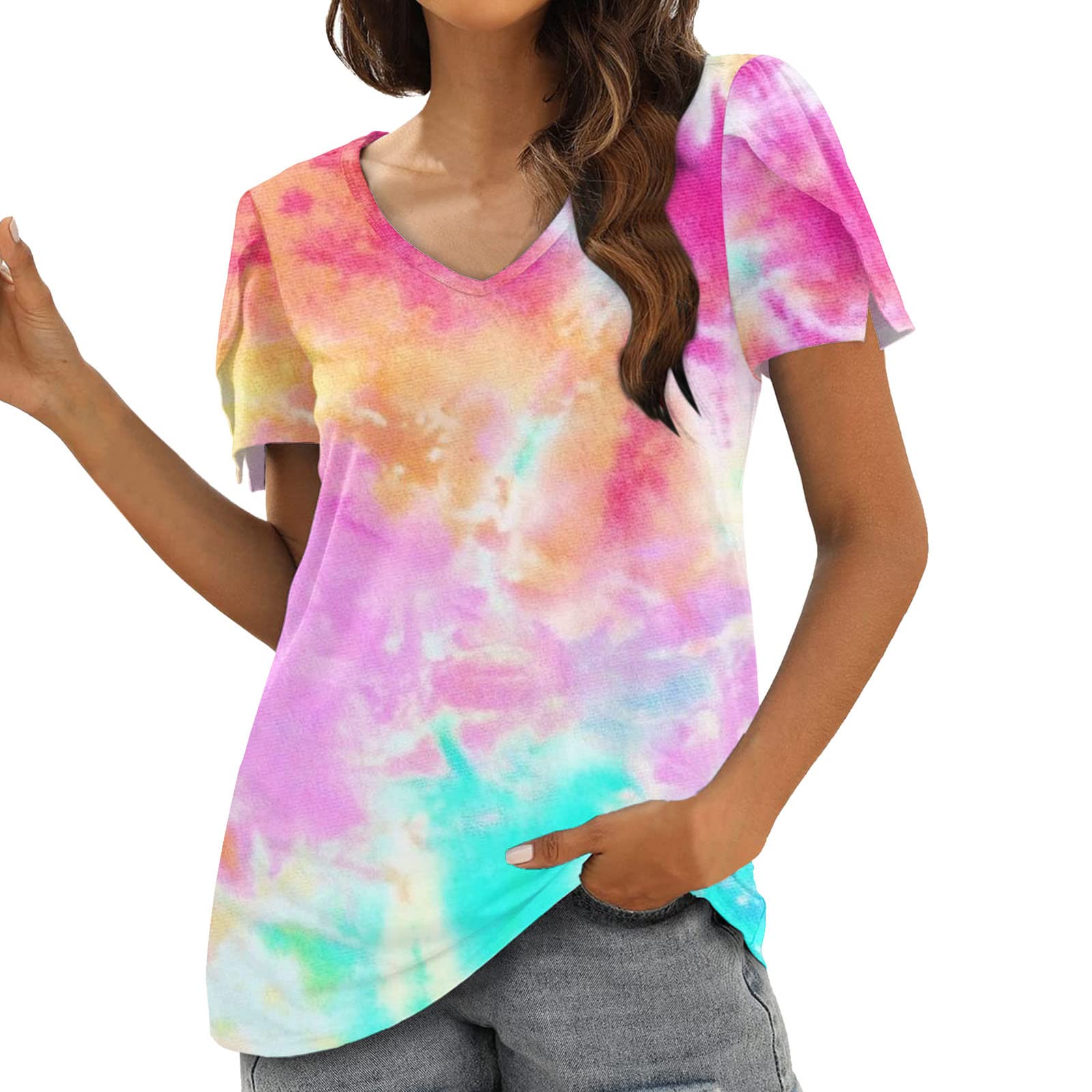 Shirts for Women Women Summer T Shirt V Neck Print Collection Petal Sleeve Short Sleeve Top