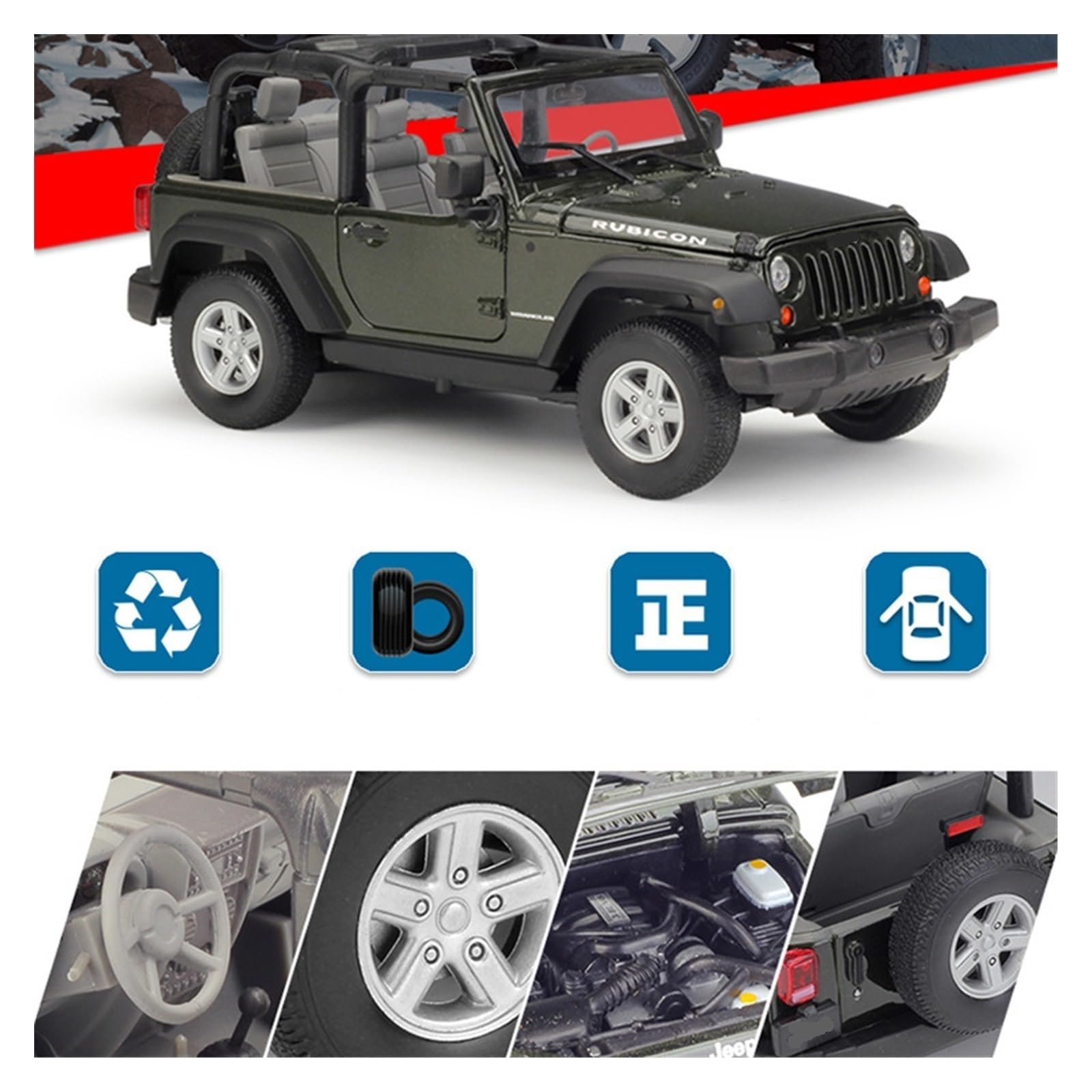 Model samochodu terenowego ze stopu odlewanego ciśnieniowo i metalowa zabawka dla Wrangler Rubicon Del, w skali 1:24 (Red 1, bez pudełka)
