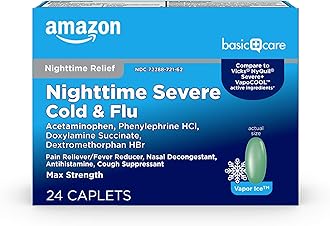 Amazon Basic Care Nighttime Severe Cold and Flu Coated Caplets, Temporarily Relieves Symptoms Like Runny Nose and Sneezing, Vapor Ice, 24 Count