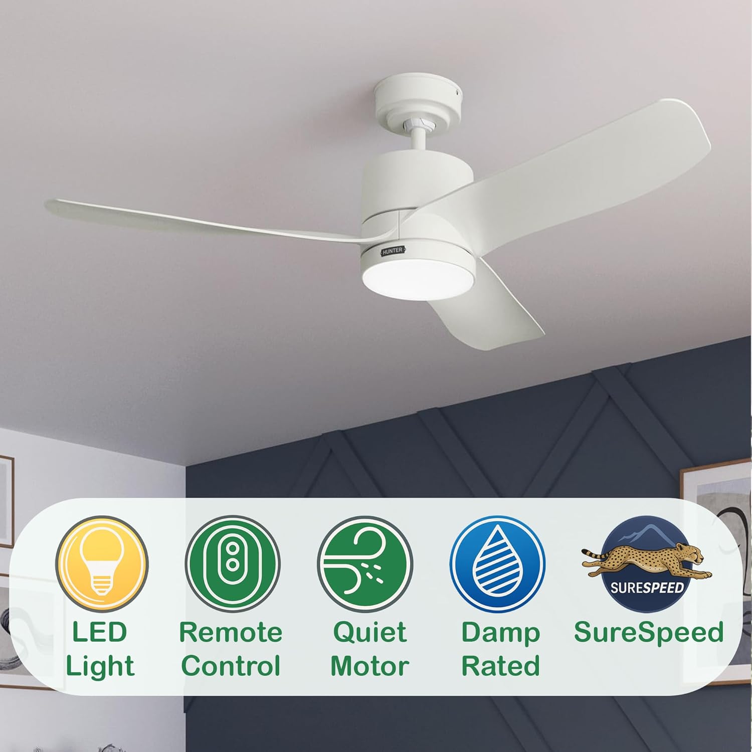 Hunter Fan 52 inch Indoor/Outdoor Fresh White Ceiling Fan with Light for Bedroom, Living Room, Dining Room, Kitchen, Office, Porch (Renewed)