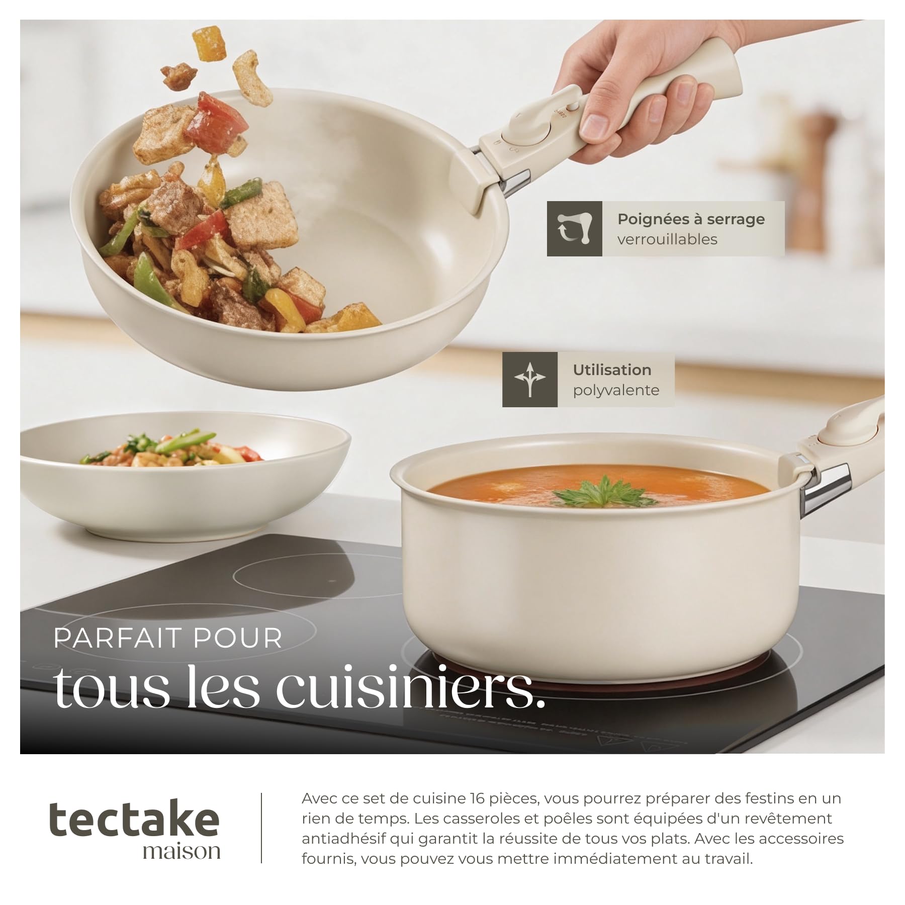 tectake® Set de cuisine 40 pièces, Service de table 6 personnes et Batterie de cuisine, Poêles Casseroles, Service vaisselle, Assiettes plates Assiettes creuses, Bol, Spatule Louche, Vaisselle en grès