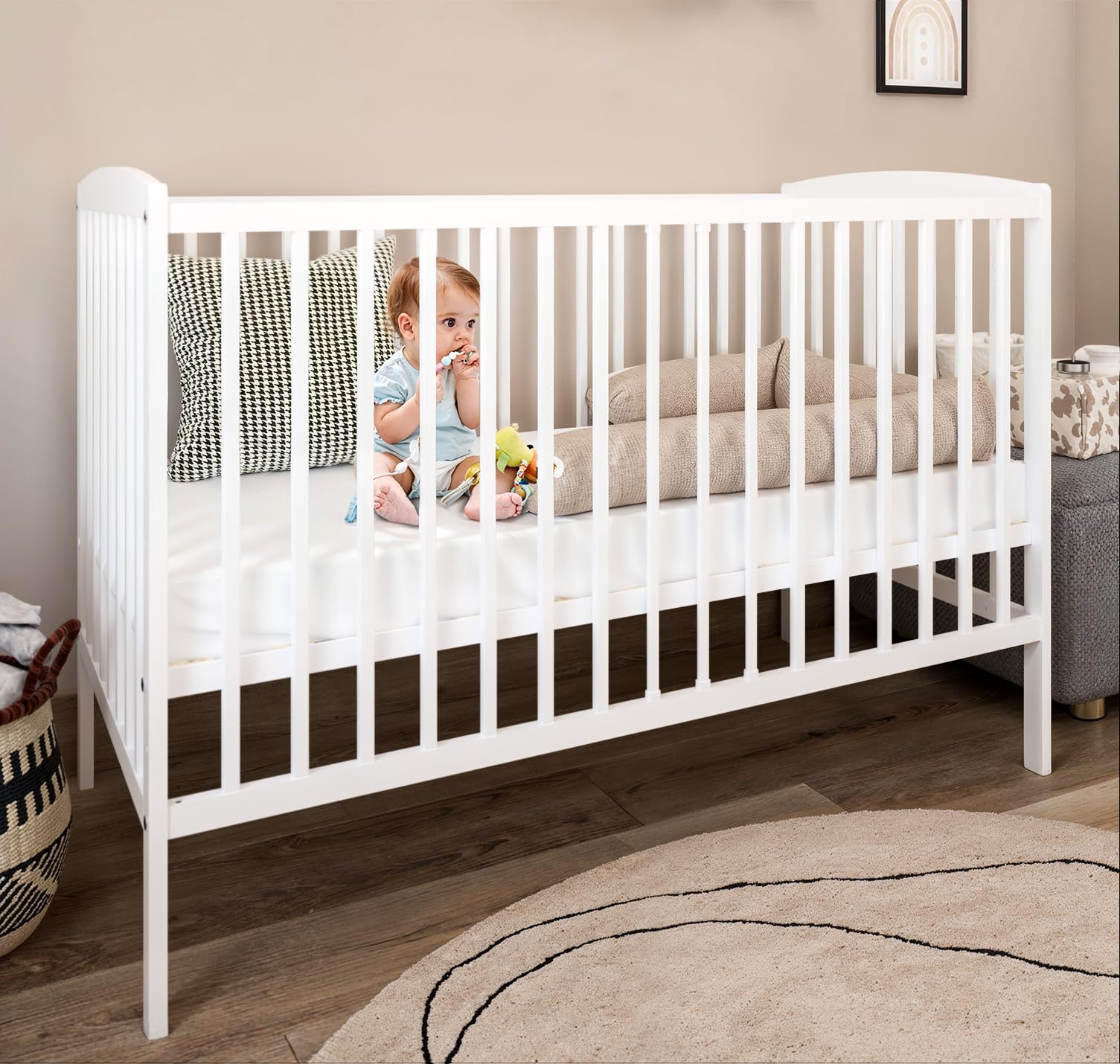 zee Cuna para Bebé 120 x 60 cm Blanca 2 en 1 Convertible en Cama Junior Altura Ajustable en 3 Niveles con Barandilla de Seguridad Madera de Pino