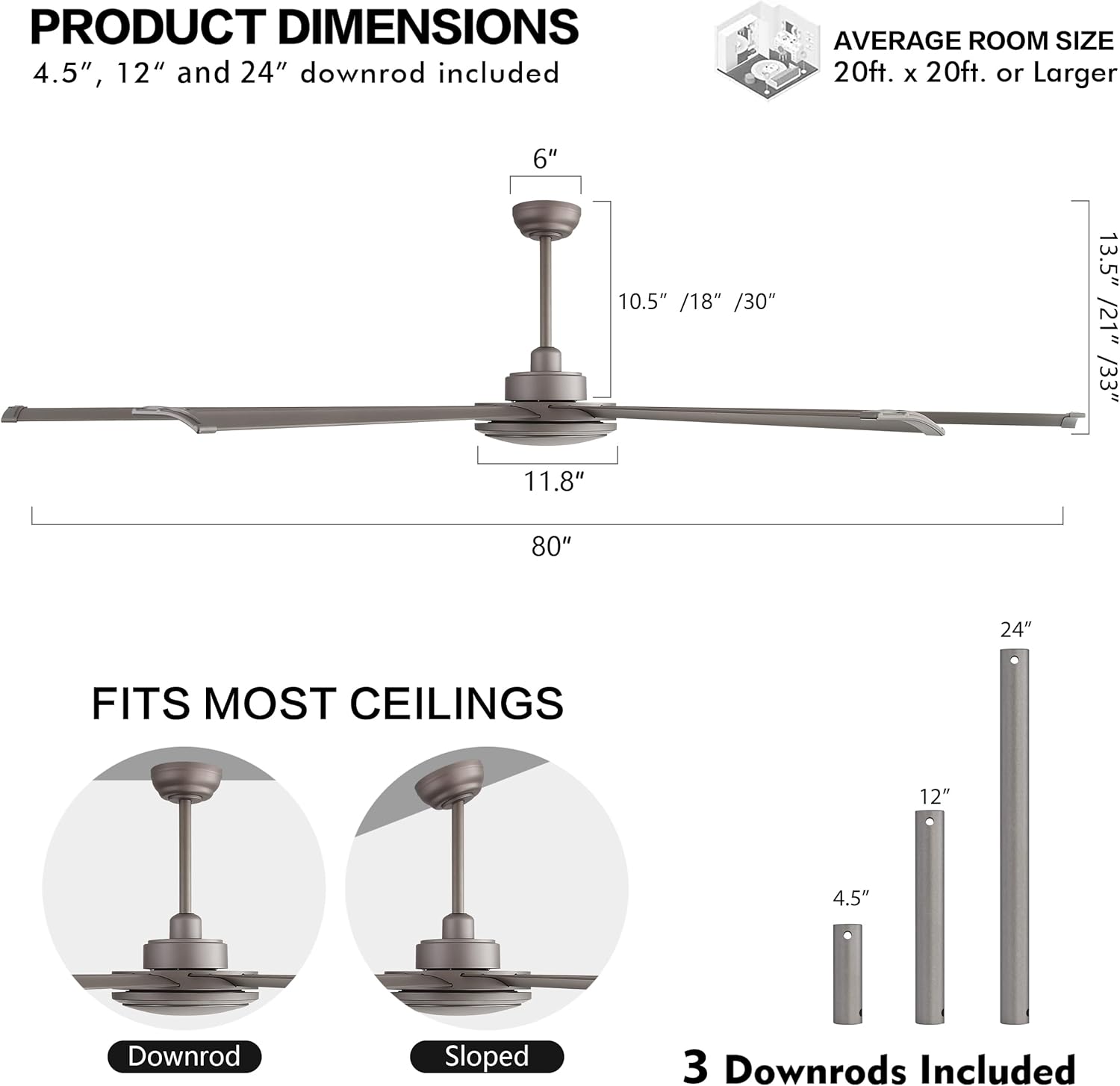 WINGBO 80 Inch Industrial Ceiling Fan without Light, 8 Aluminum Blades Ceiling Fan No Light, 6-Speed Reversible Noiseless DC Motor for Kitchen Bedroom Living Room, Charcoal Gray