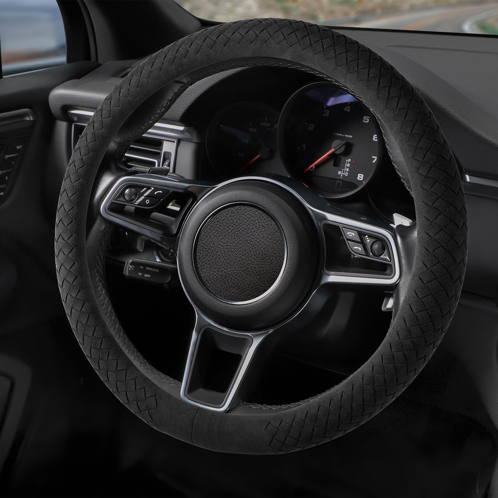 Suede Steering Wheel Cover with Upgraded Silicone Inner Ring, Anti Heat, Breathable, Anti-Slip, Leather Universal 14.5 to 15 inch Steering Wheel Cover (Black, Handwoven Craft)