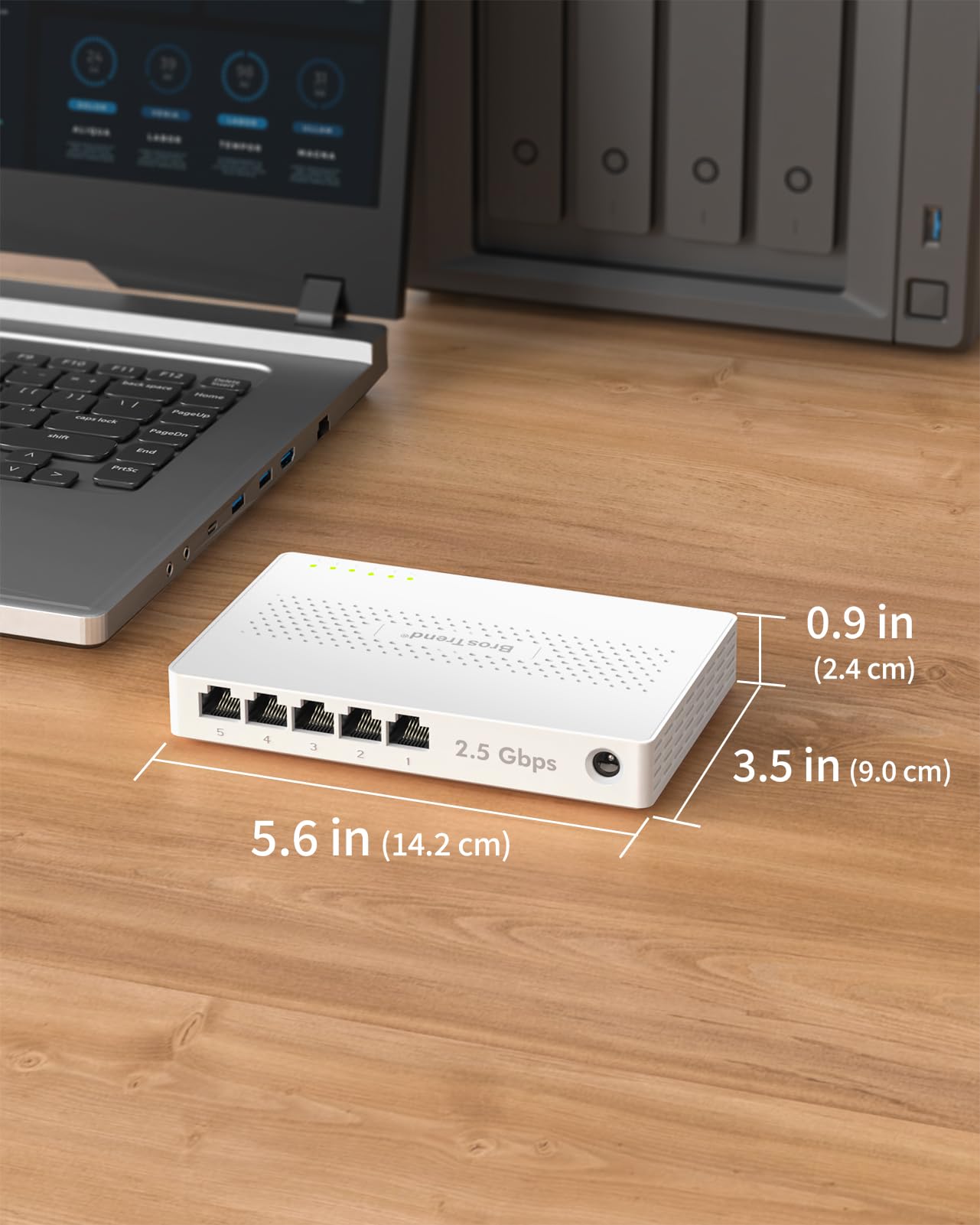 BrosTrend Switch Ethernet 2.5Gb 5 Puertos, no Gestionado Switch Red sin Ventilador, 2,5G Conmutador Gigabit para Videoconsola, PC, NAS, Plug & Play, Montaje en Escritorio o Muro, Vida ÚTI Protección