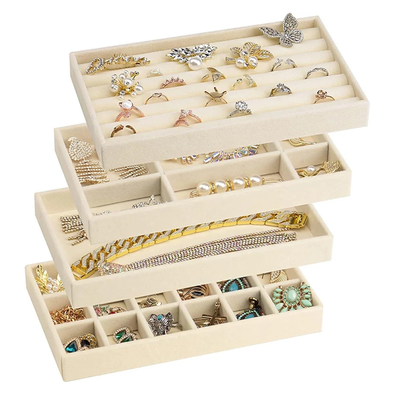 Plateau Bijoux Présentoir à Bijoux en Velours Porte-Bijoux Exquis Portable Bague Boucles d'oreilles Collier Organisateur Boîte de Rangement Organisateur Plateaux Beige