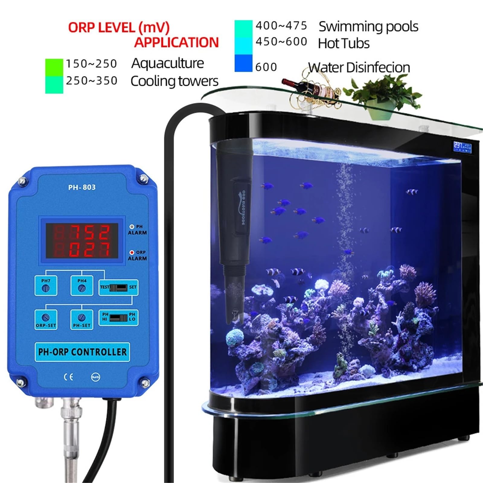 Testeur d'eau numérique, Testeur de pH et ORP 2 en 1, moniteur de pH, mesure de la qualité de l'eau, relais de puissance de sortie, électrode de contrôle, sonde BNC for aquarium hydroponique