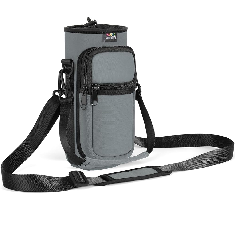 Nuovoware Water Bottle Carrier Bag, 25oz/32oz Bottle Pouch Holder, Adjustable Shoulder Hand Strap 2 Pocket Sling Neoprene Sleeve Sports Accessories for Hiking Travelling Camping, Gray