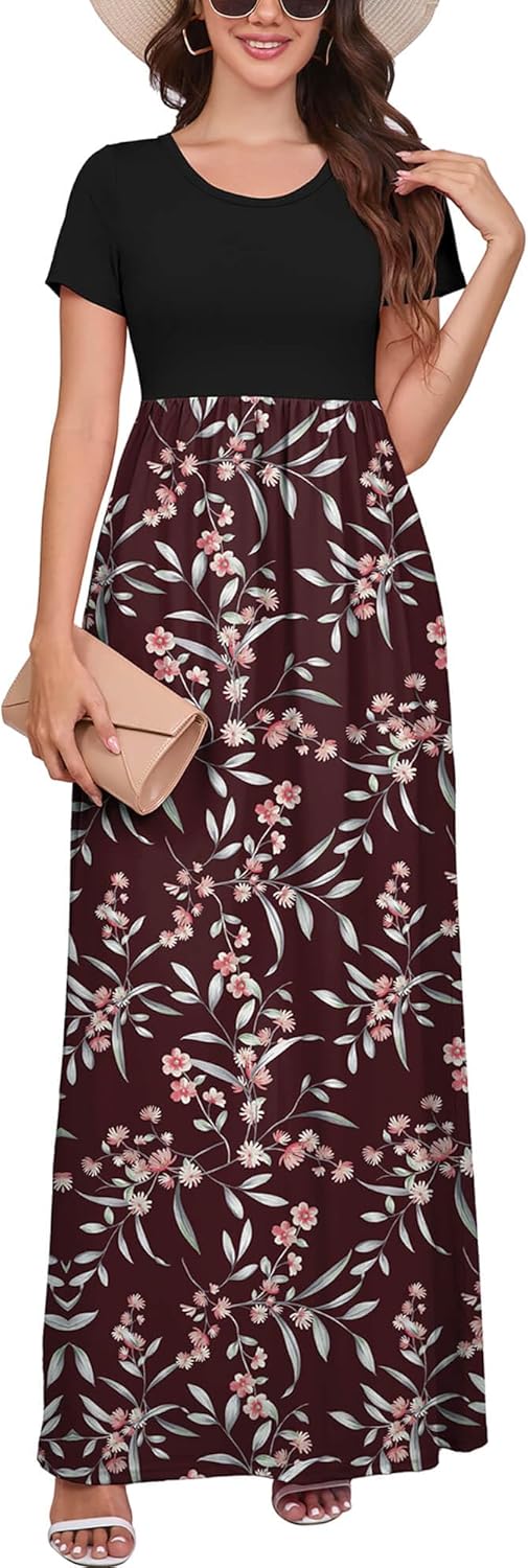DEARCASE Maxi Dress for Women Short Sleeve Casual Summer Loose Plain Comfy Long Dresses with Pockets