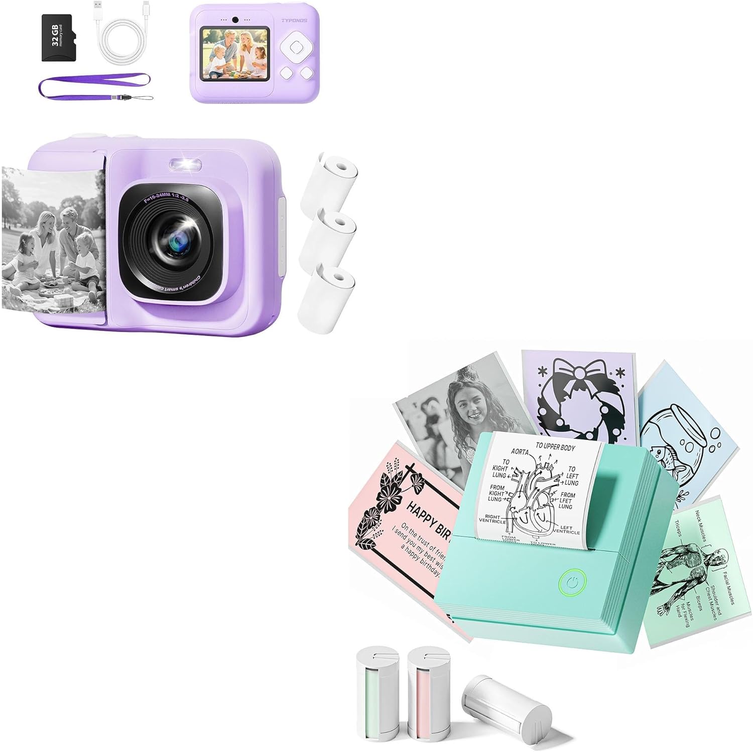 PM290 Sticker Maker (Green), with Self-Adhesive 54mmx3.2m Thermal Sticker Paper for Printer (3 Rolls/White), Instant Print Camera for Kids (Purple), Christmas Birthday Gifts for Girls Boys Age 3-12