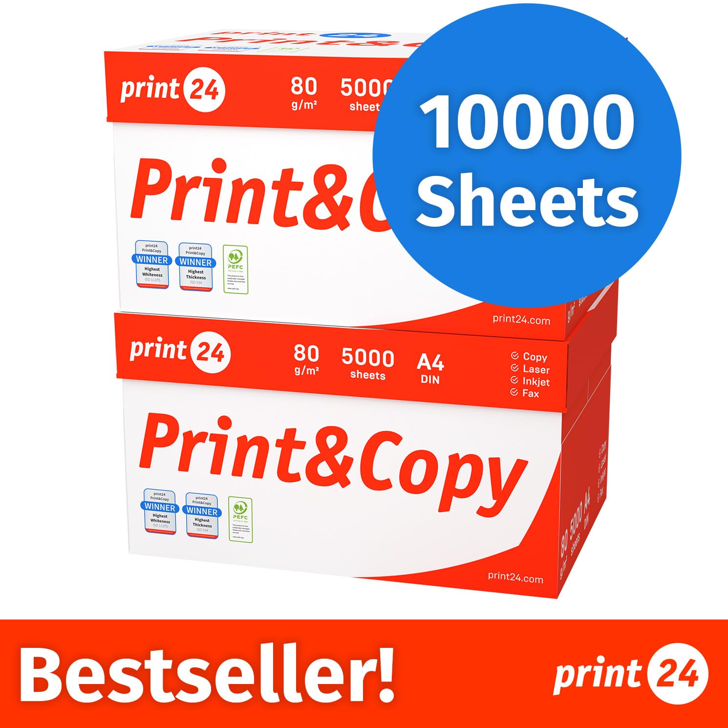 Druckerpapier Kopierpapier 500-150000 Blatt A4 80g Premium Weiß PEFC zertifiziert (10.000 Blatt)