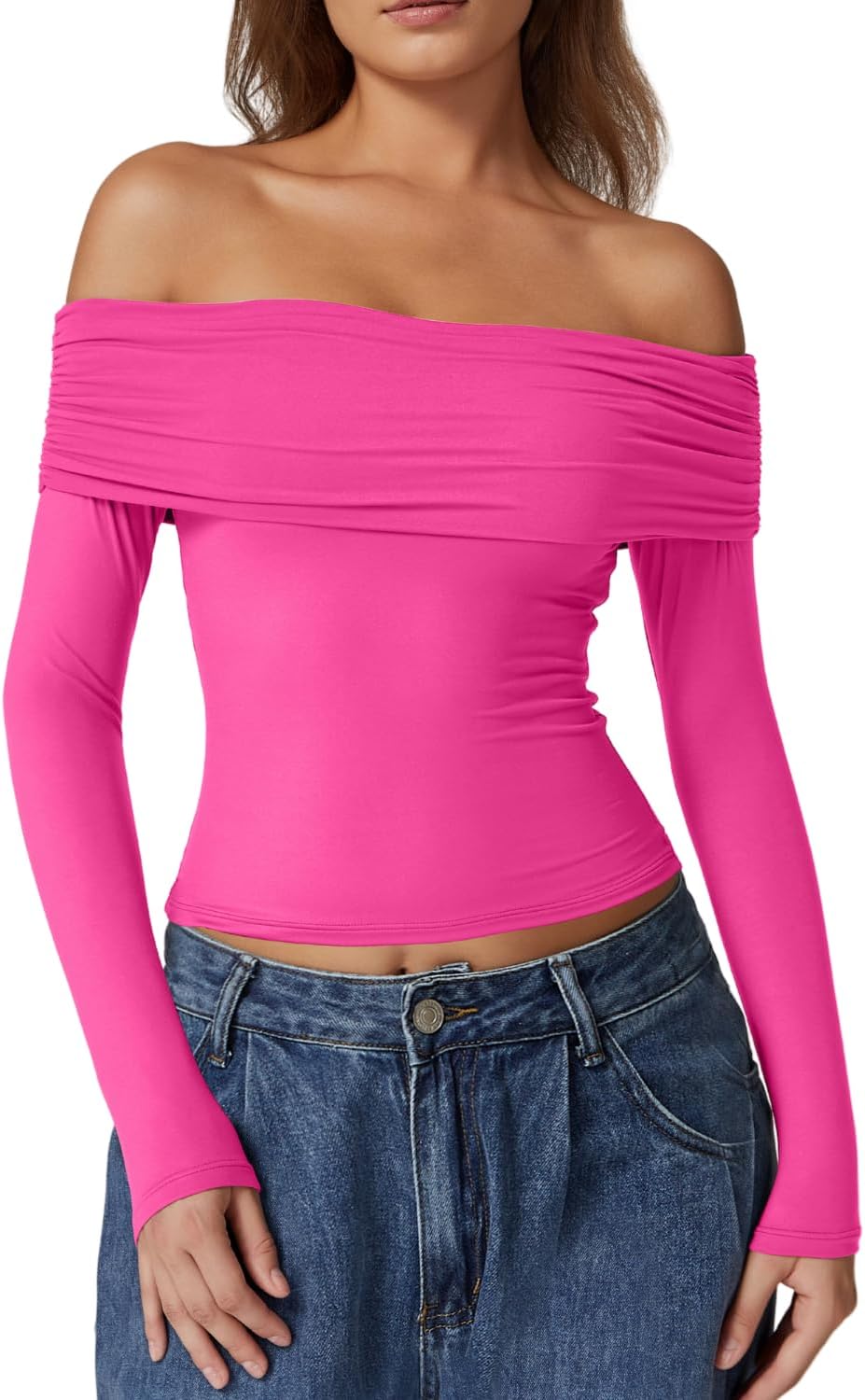 QINSEN Womens Off The Shoulder Tops Double Lined Long Sleeve T Shirts Slim Fitted Stretchy Crop Top