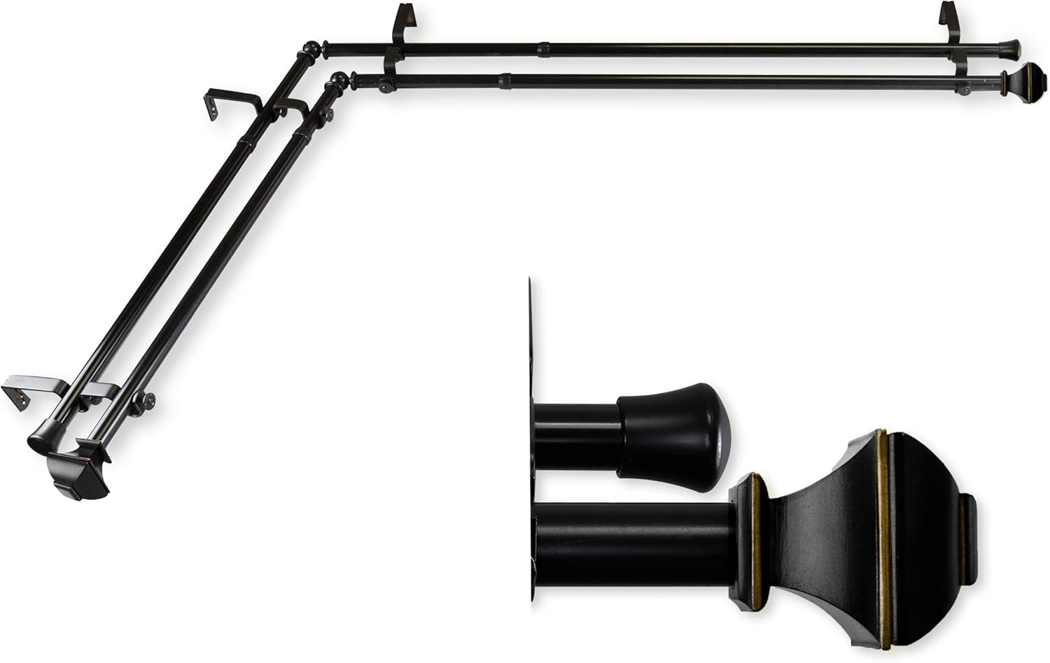 A&F Rod Decor - Phife 13/16" Corner Window Double Curtain Rod 66-120" - Antique Brass