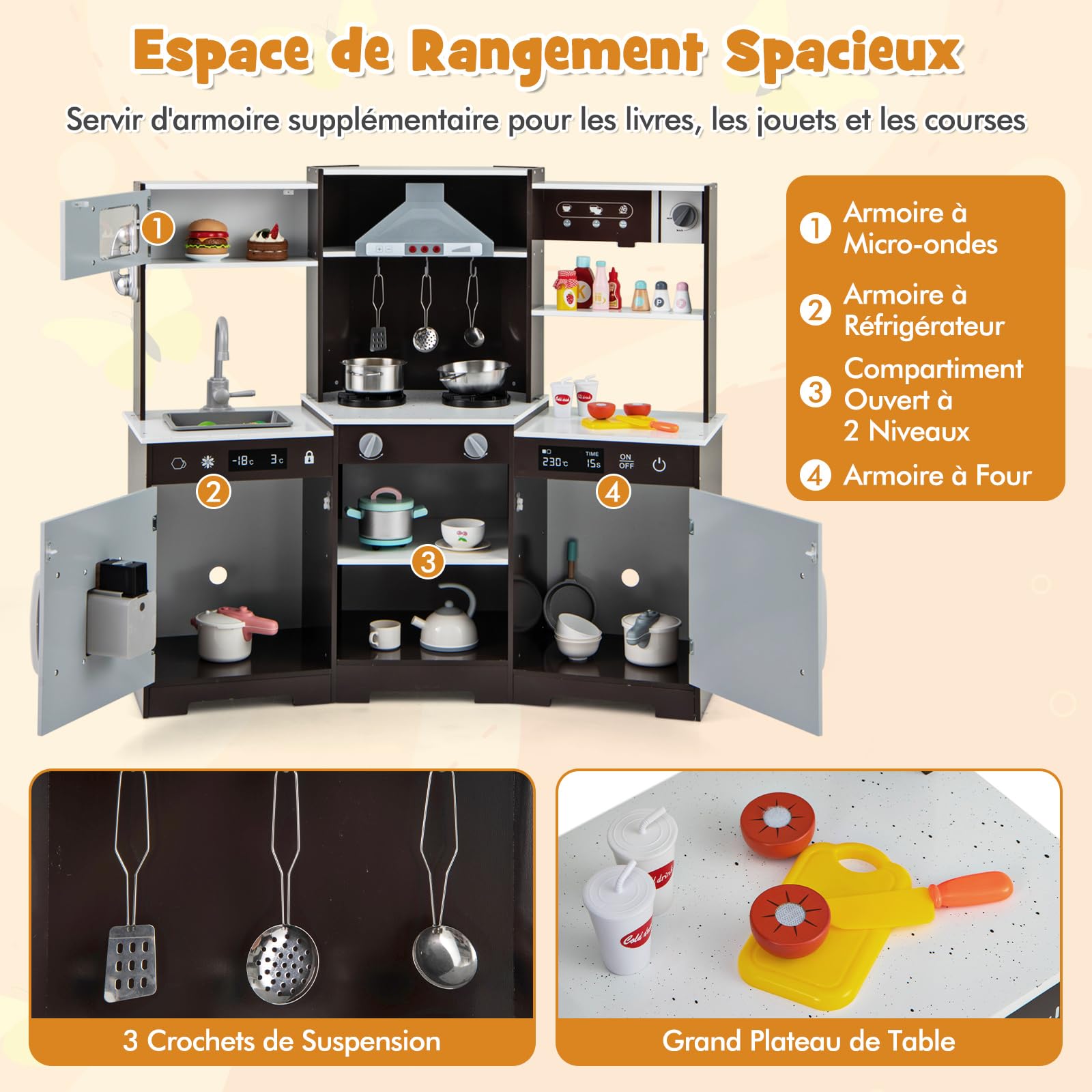 COSTWAY Cuisine Enfant en Bois avec Effets Sonores & Lumières Réels, Jeu de Cuisine avec Micro-Ondes & Cafetière, Machine à Glaçons & Armoires, Jeu d'Imitation pour Garçon Fille de 3 Ans+ (Marron)