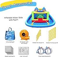 Vista 8 de Casa inflable de rebote con tobogán, estilo delfín, piscina con salpicaduras, doble cañón de agua, pared de escalada, soplador GFCI resistente