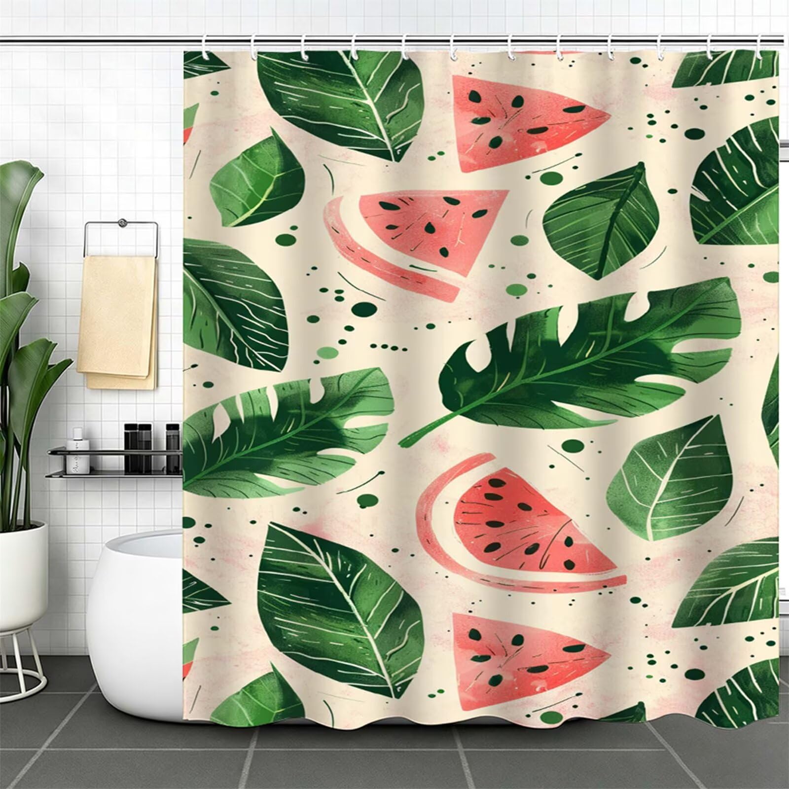 Duschvorhang Grün, Polyester Stoff aus Textil – Wasserdicht – Waschbar – Inkl 12 Ringe – Badewannenvorhang für Dusche & Badewanne, Shower Curtains 160x200cm Wassermelone J-724