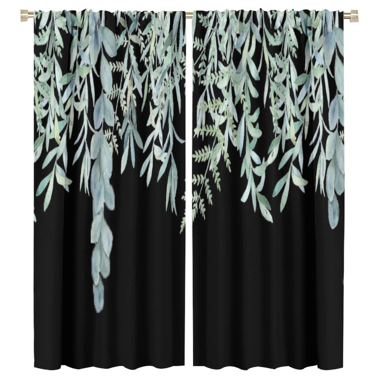 Green Leaves Curtains Rod Pocket Watercolor Eucalyptus Black Gold Botanical Plants Spring Floral for Living Room Bedroom Kitchen Restaurant Window Curtain Drapes 2 Panels 55x63in