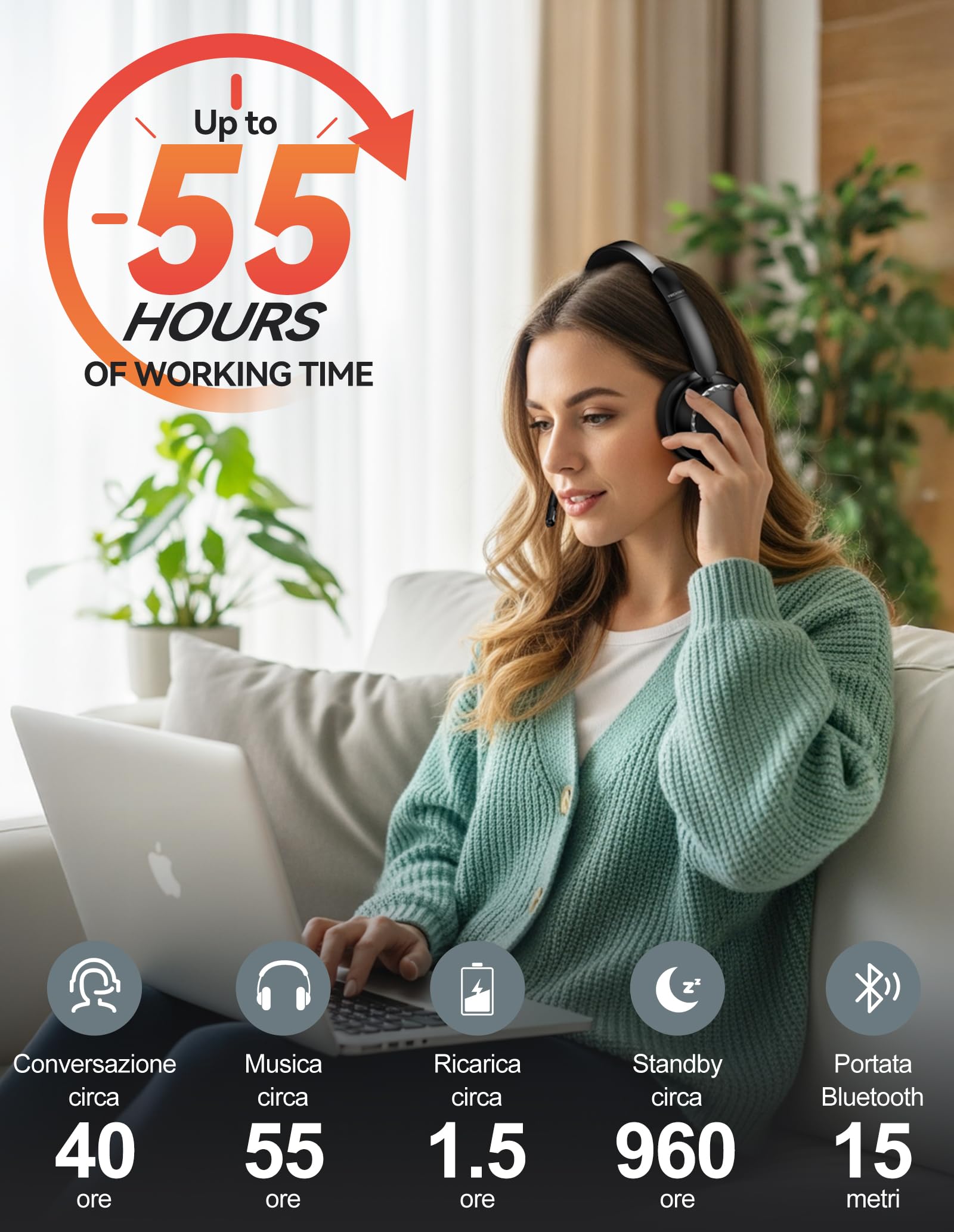 TECKNET V5.3 - Cuffie Bluetooth con microfono, cuffie wireless con microfono AI cancellazione del rumore, stazione di ricarica, dongle USB, batteria 55+ ore, ricaricabili, per ufficio, casa