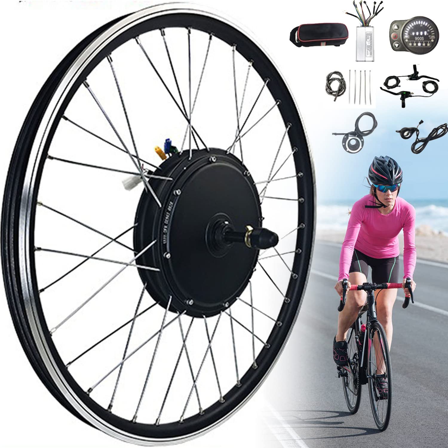 Zestaw do konwersji roweru elektrycznego 20”,24”, 26”,27,5”,28”,29”,700c Zestaw do konwersji roweru elektrycznego Ebike Piasta silnika bezszczotkowego (przednie koło) 48V/1000W-20inch