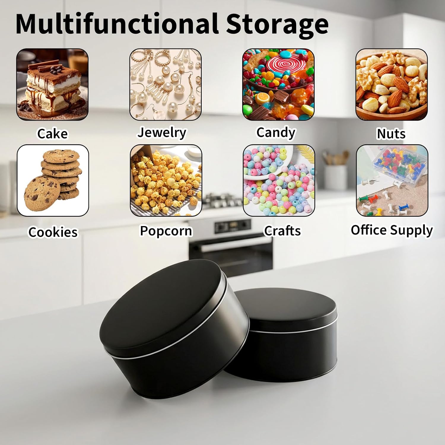 4 Pack Cookie Tin with Lids, 6" x 3" Black Metal Round Gift Tins, Sturdy Baking Cake Containers for Storing Snacks, Chocolate, Candies, Holidays & Special Occasions