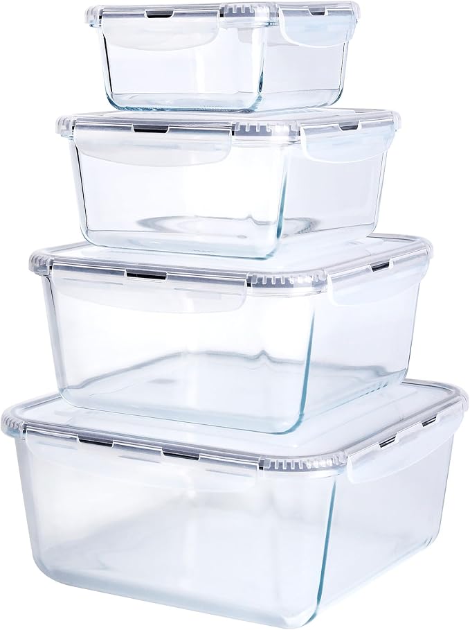 Extra Large Glass Food Storage Containers with Lids, Set-8-Piece Lunch Containers, Ideal for Storing Food, Vegetables, Fruits, Baking Cake & lot of other Tasty Food (Rectangular)