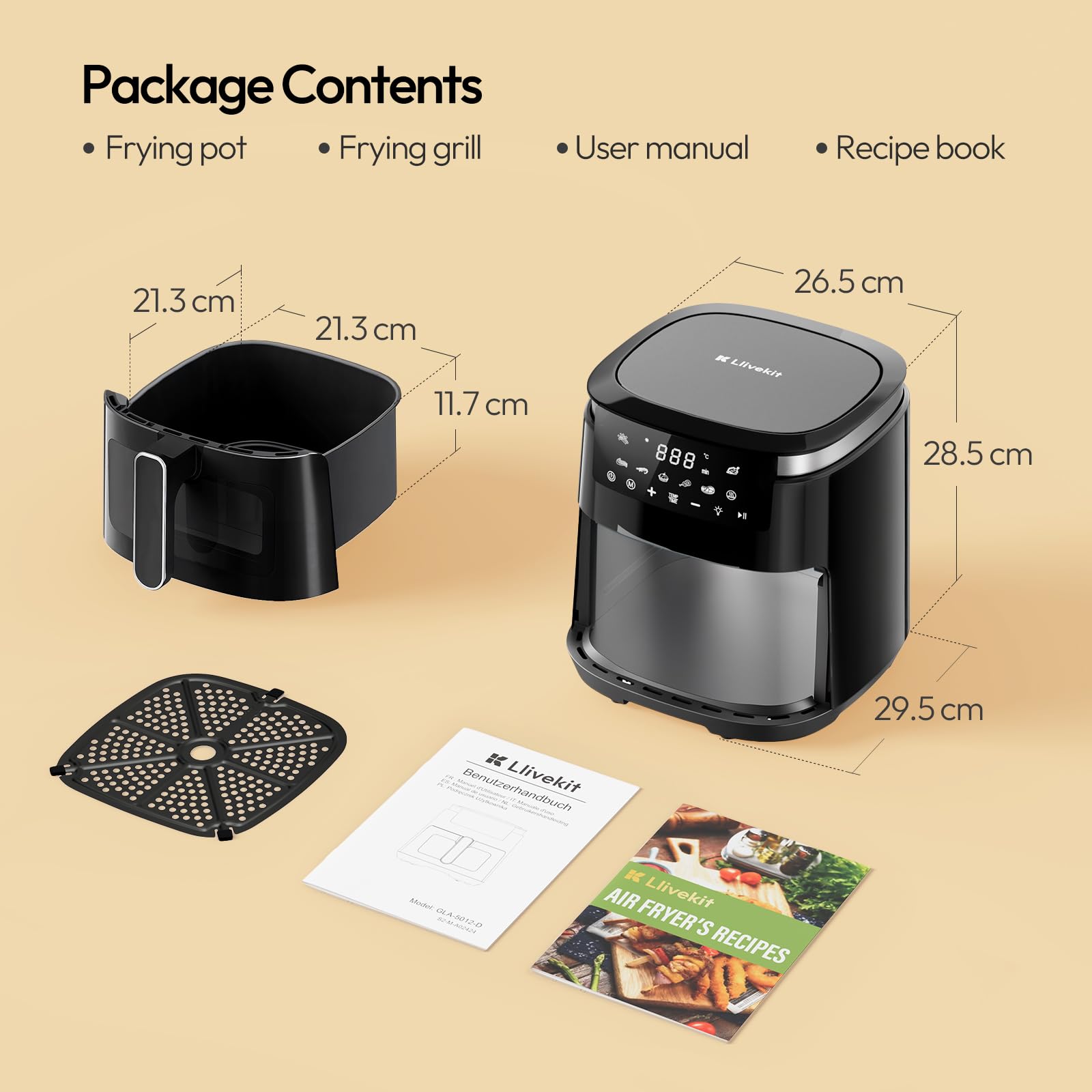 LLIVEKIT Frytkownica na gorące powietrze XXL, 5,5 l, 8 w 1, z funkcją utrzymania ciepła po naciśnięciu przycisku, frytkownica na gorące powietrze z okienkiem i oświetleniem piekarnika, oszczędza 95%