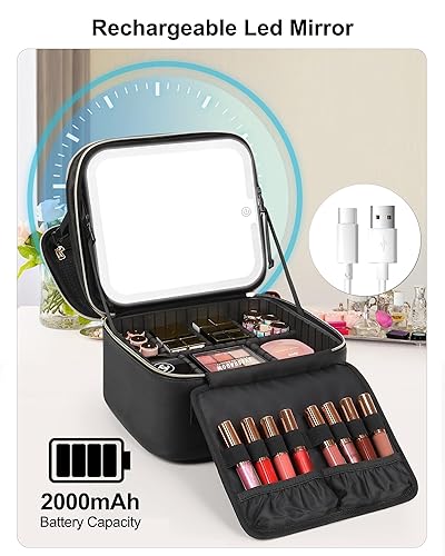 Vista 87 de Relavel Bolsa de maquillaje de viaje con espejo LED, estuche de tren de cosméticos con espejo iluminado, bolsa organizadora portátil para 01-Negro