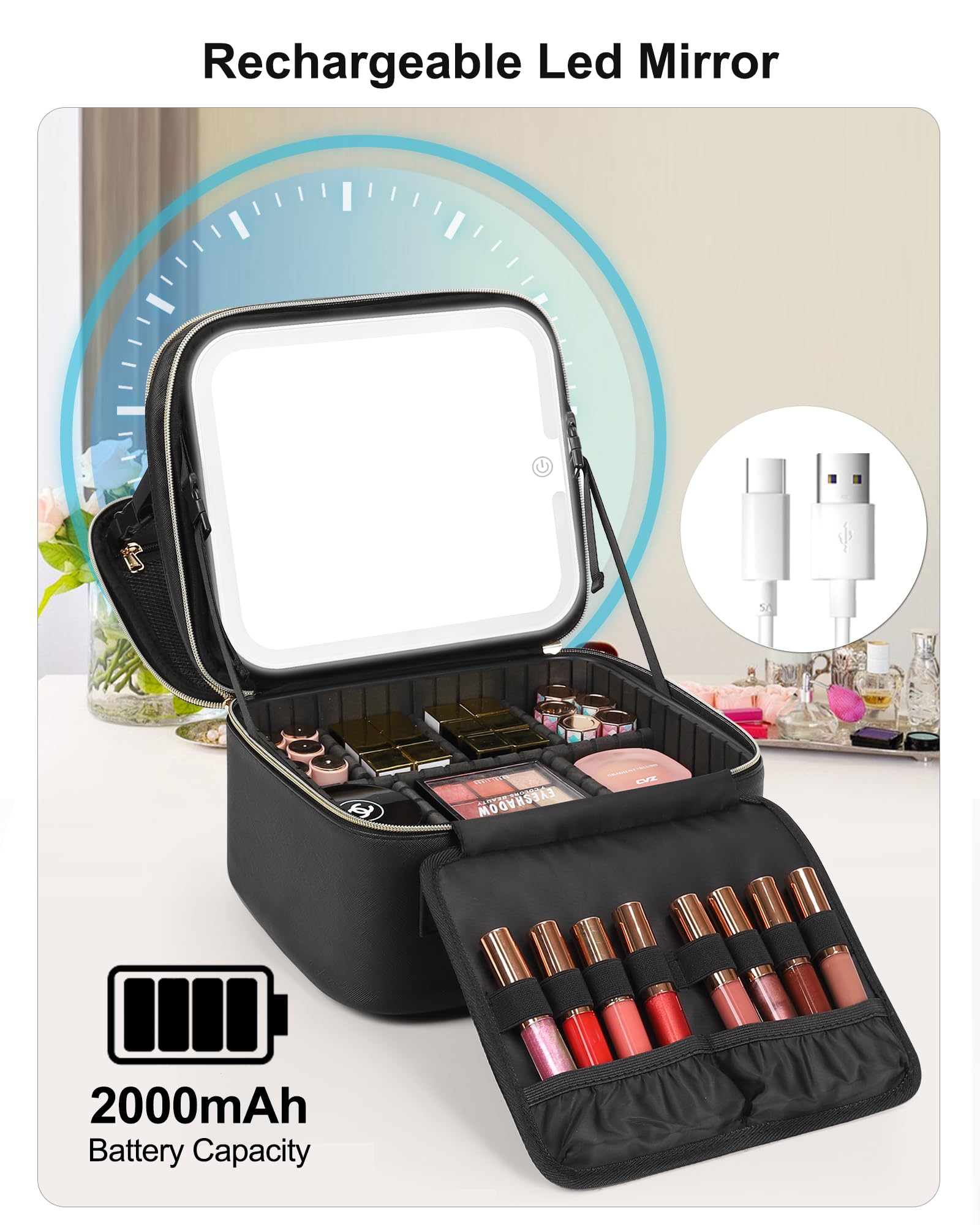 Relavel Beauty case con specchio a LED, piccola custodia da viaggio con specchio illuminato ricaricabile, 3 luci colorate, scatola cosmetica a doppio strato, organizer per pennelli da trucco, rossetto