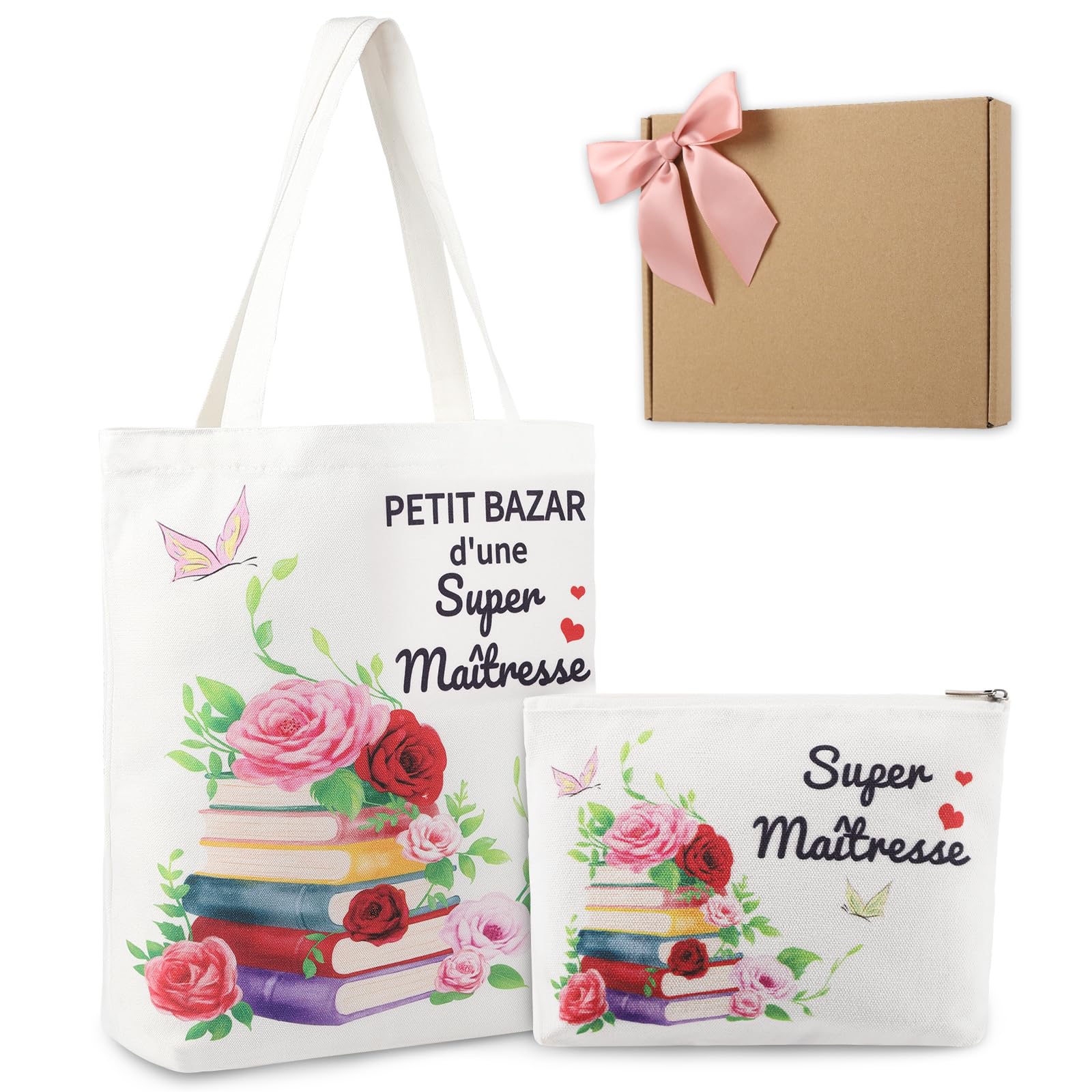 Cadeau Maîtresse d'École Fin d'Année avec Tote Bag Sac de Papeterie Boîte Cadeau Personnalisé