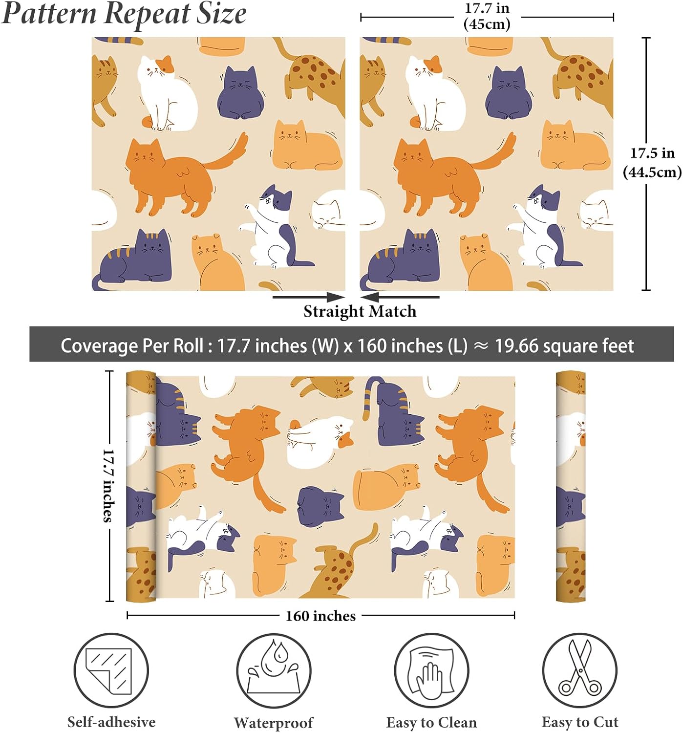 Cute Cat Wallpaper Self Adhesive Animal Peel and Stick Wallpaper 17.7"x160" Removable Baby Nursery Wall Decor Beige Contact Paper Orange Cartoon Cat Vinyl Wall Paper for Bedrooms Kids Room