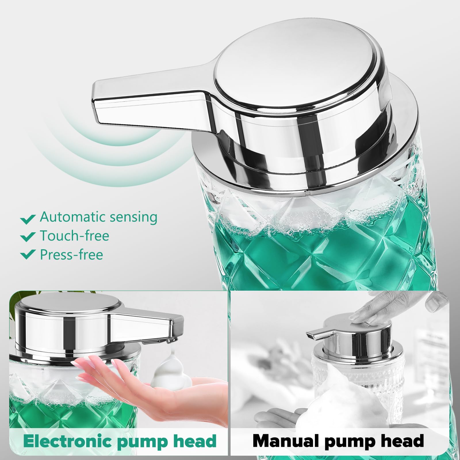 Dispensador automático de jabón de espuma para cocina: dispensador de jabón de espuma automático transparente de vidrio de 11 onzas para baño, loción para platos de mano, encimera de hogar, niños